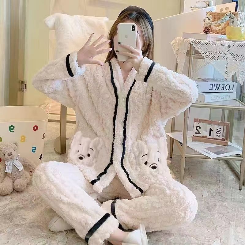 珊瑚絨長袖睡衣女款春秋季長袖新款保暖法蘭絨家居服大碼套裝冬天