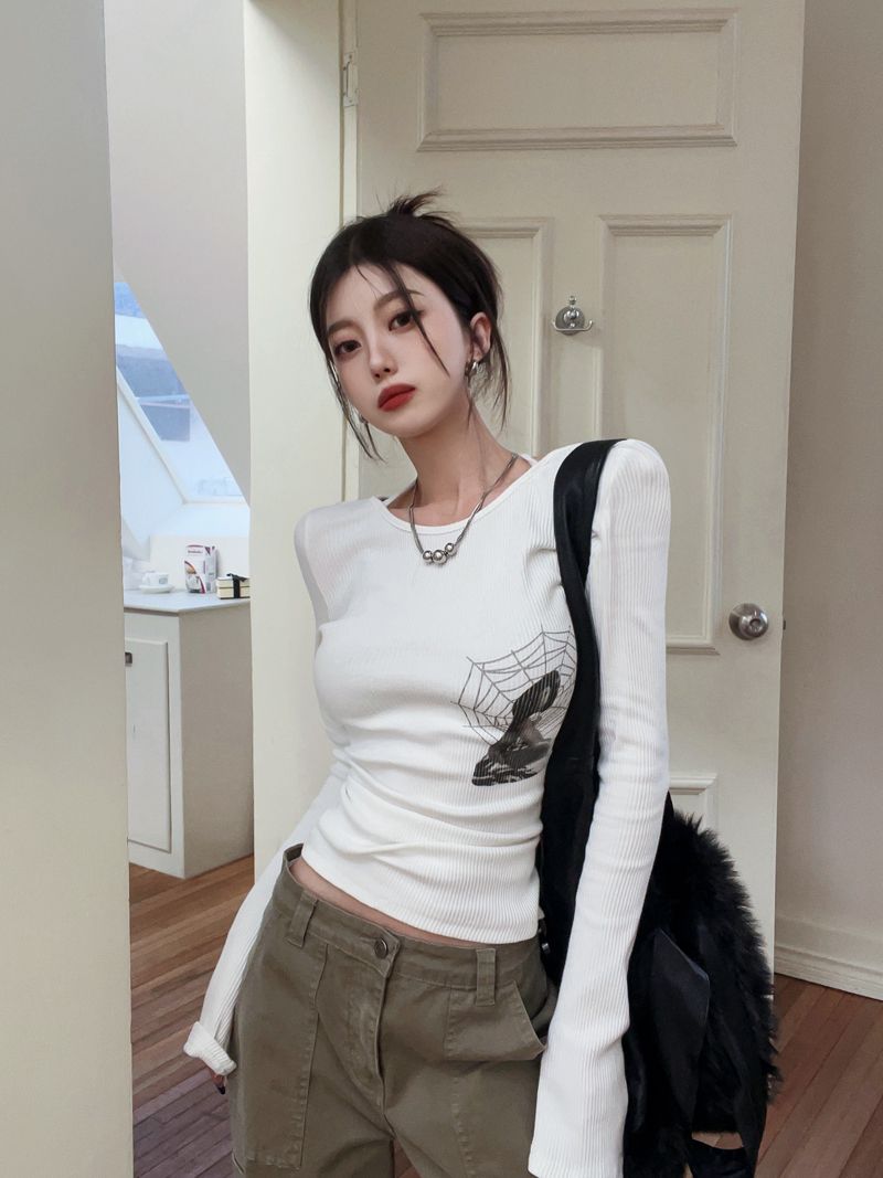 美式緊身白色針織衫女裝秋季新款長袖修身打底衫內搭正肩辣妹上衣