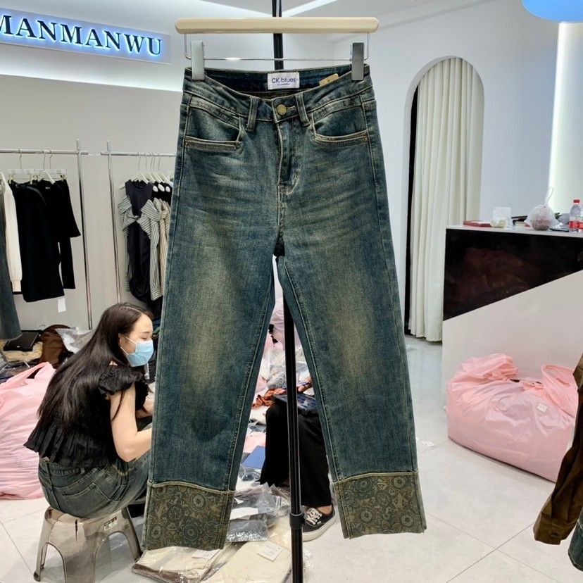 復古做舊翻邊民族風牛仔褲女高腰直筒顯瘦大碼煙管褲2023春秋新款