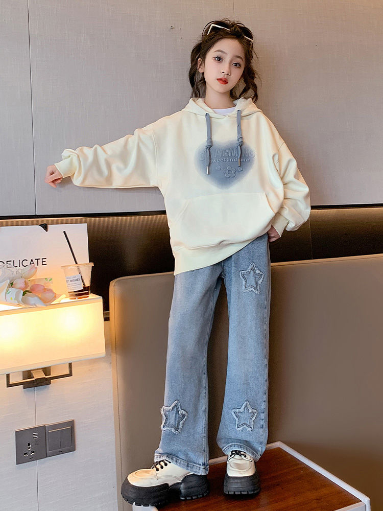 女童秋冬套裝新款加絨中大童連帽衛衣加厚牛仔褲洋氣寬鬆兩件套潮