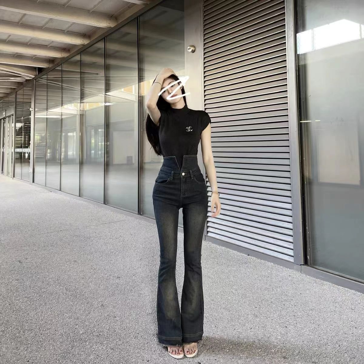 辣妹微喇叭牛仔褲女高街翻蓋腰設計感小眾褲子小個子馬蹄拖地長褲