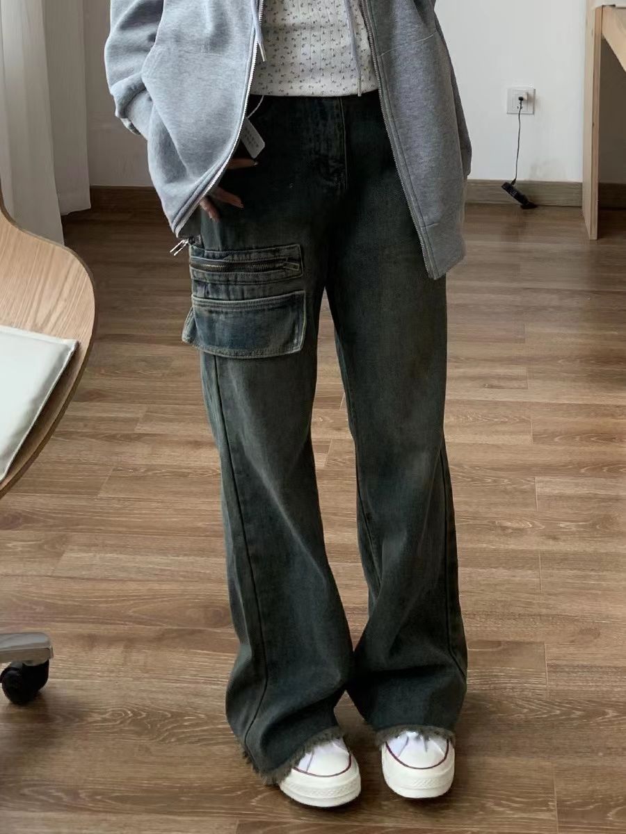 美式復古毛邊直筒牛仔褲女秋季新款高街設計感高腰寬鬆顯瘦闊腿褲
