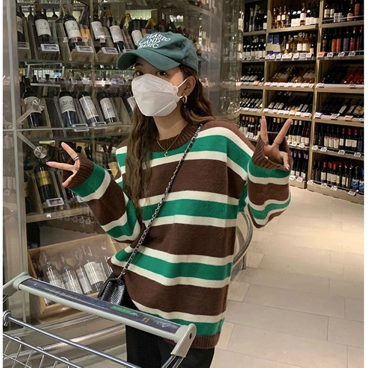 韓版時尚休閒慵懶長袖上衣女復古港風新款胖mm寬鬆顯瘦毛衣針織衫