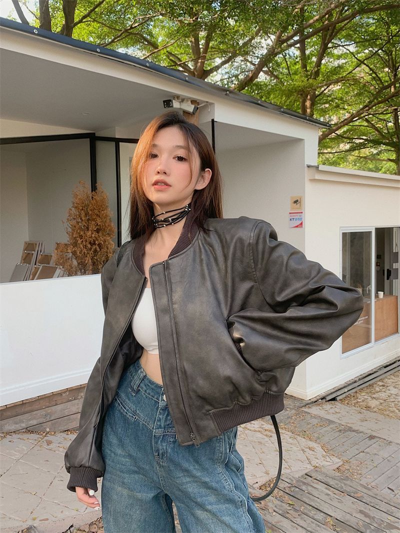 Maillard Distressed Leather Women's Autumn New Loose Sweet Cool Brown Jacket Hot Girl Motorcycle Jacket Short Fashionable