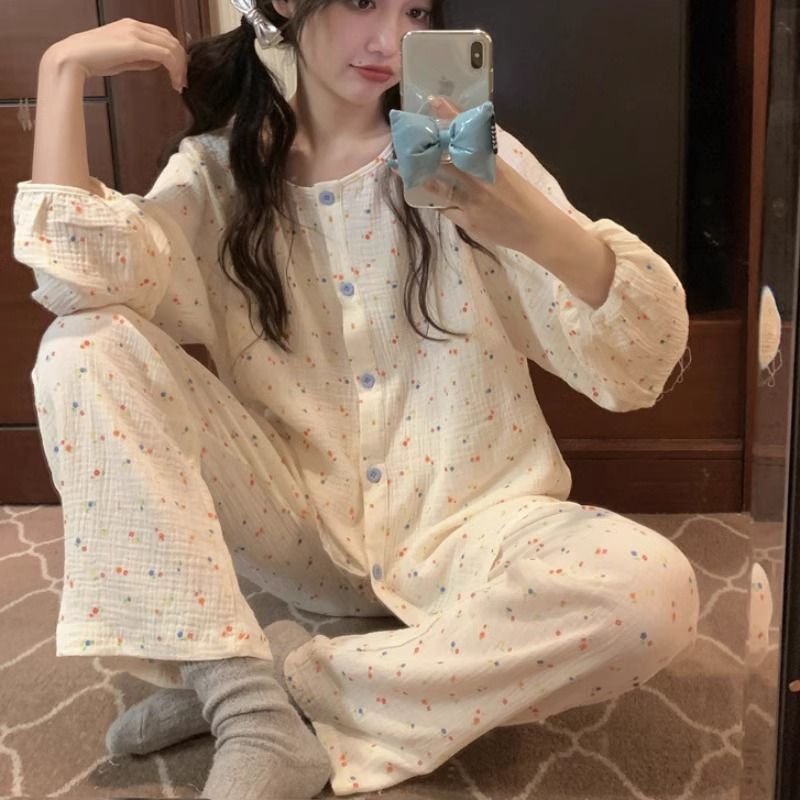 韓系睡衣女春秋季新款ins風甜美波點碎花長袖學生秋款居家服套裝