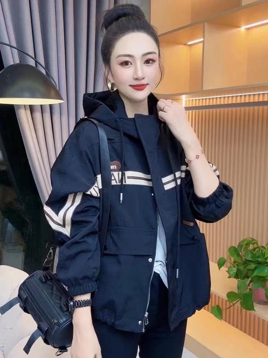 字母連帽外套女2023秋季新款寬鬆時尚撞色夾克上衣美式風衣短外套