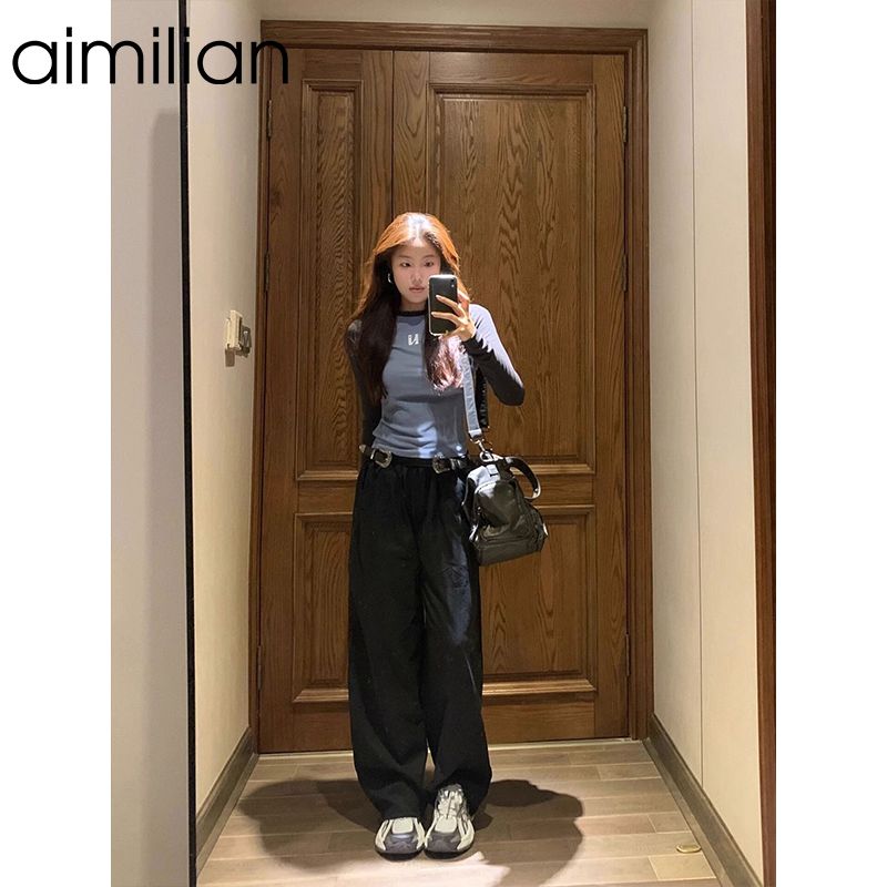 aimilian American retro hottie long-sleeved T-shirt women's spring and autumn inner layering shirt slimming short top