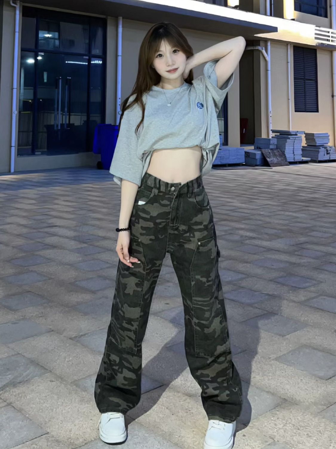 美式復古迷彩工裝褲女秋季甜酷寬鬆直筒垂感休閒高街闊腿褲潮ins