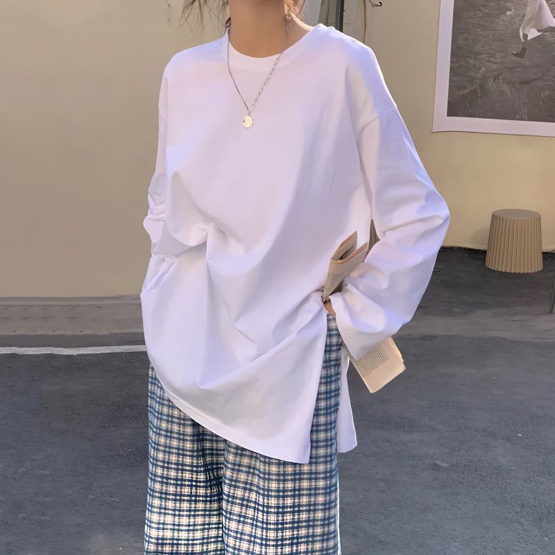 100%純棉白色長袖t恤女ins潮2023新款寬鬆韓版bf風開叉打底衫上衣