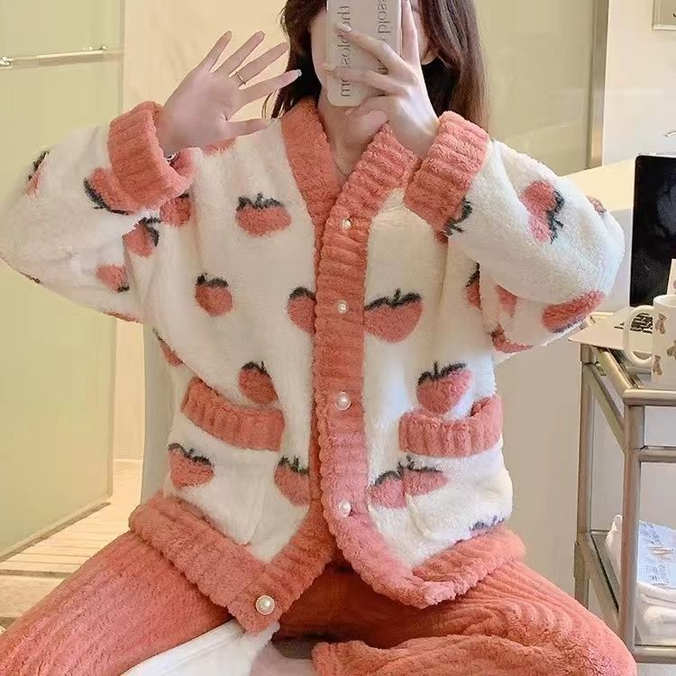 珊瑚絨睡衣女冬季長袖加絨加厚韓版可愛法蘭絨家居服春秋冬款套裝