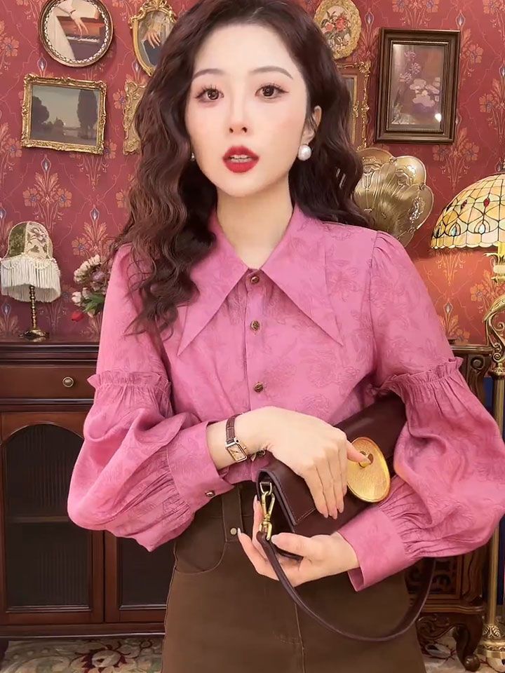 高級感港風長袖襯衫女抗皺尖領水印寬鬆襯衣小眾設計感美拉德上衣