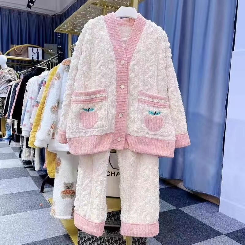 珊瑚絨睡衣女2023年冬季新款加厚加絨甜美可愛法蘭絨家居服套裝