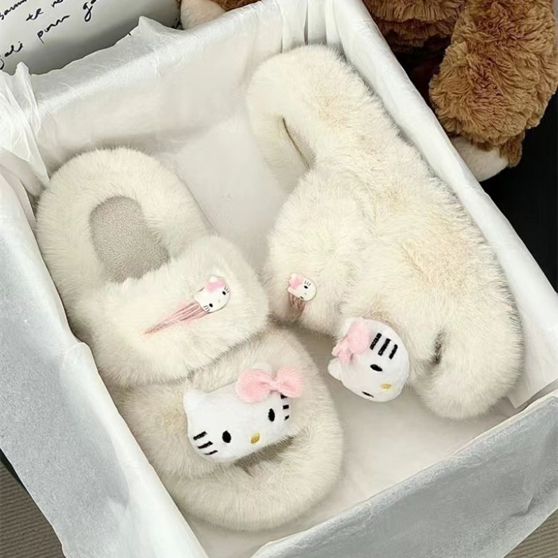White cute thick-soled furry slippers for women's outer wear autumn and winter new style comfortable and versatile kitty cat cotton slippers ins