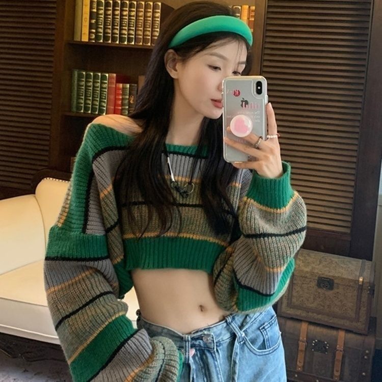 慵懶風拼色條紋短款毛衣秋季2023新款辣妹套頭氣質長袖針織上衣女