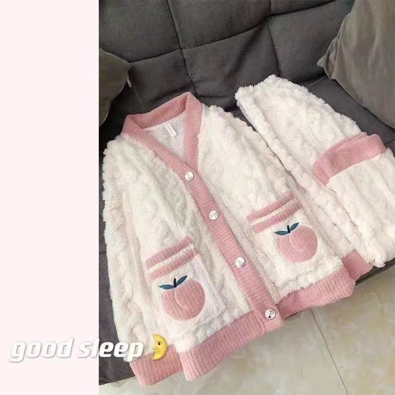 睡衣女秋冬季新款小香風珊瑚絨學生ins宿舍可外穿加絨加厚套裝