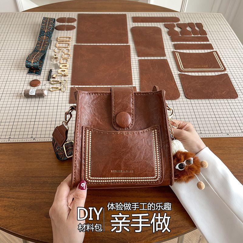 手工編織包女秋冬2023新款韓版自製diy材料包復古單肩斜挎水桶包