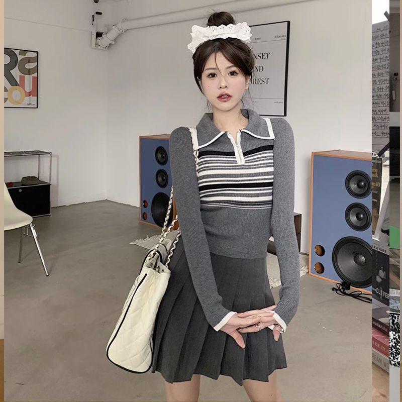 韩版修身撞色条纹毛针织衫女秋季长袖polo领显瘦设计感小个子上衣