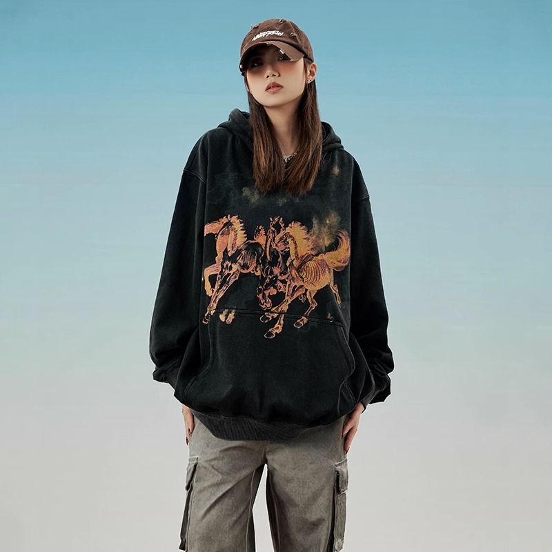 美式復古重磅水洗做舊重磅純棉連帽衛衣男女高街寬鬆帽衫上衣外套
