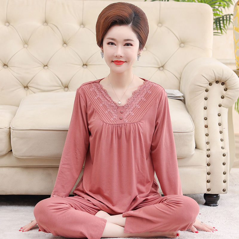 高檔莫代爾棉睡衣女春秋季長袖套頭大碼寬鬆套裝中老年媽媽家居服
