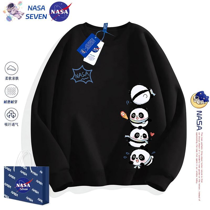 NASA国潮熊猫圆领卫衣男女童洋气秋冬季纯棉长袖上衣中大童亲子装