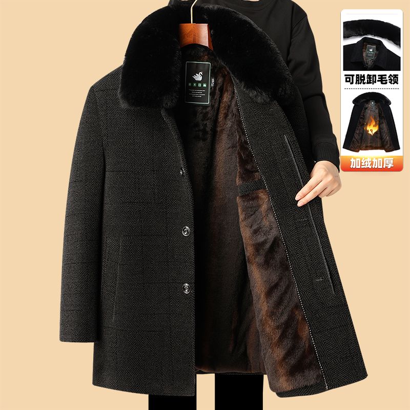 Winter middle-aged and elderly men's woolen coats, velvet and thickened chenille coats, men's medium and long clothes, dad's winter clothes