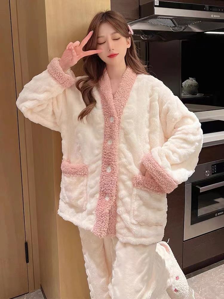 珊瑚絨睡衣女加絨加厚簡約純色秋冬季網紅風家居服套裝女冬天新款