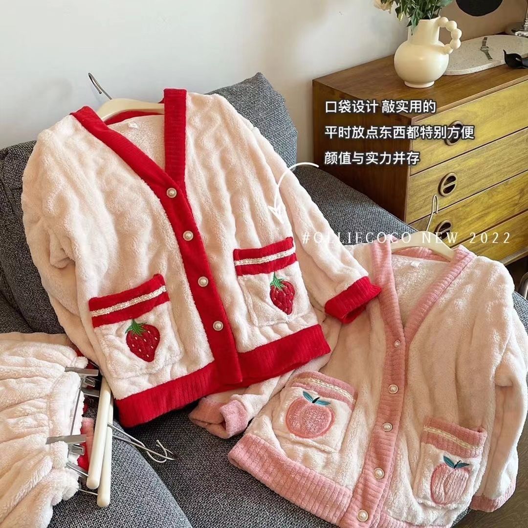 珊瑚绒睡衣女秋冬季加绒加厚冬天韩版学生甜美保暖家居服套装外穿