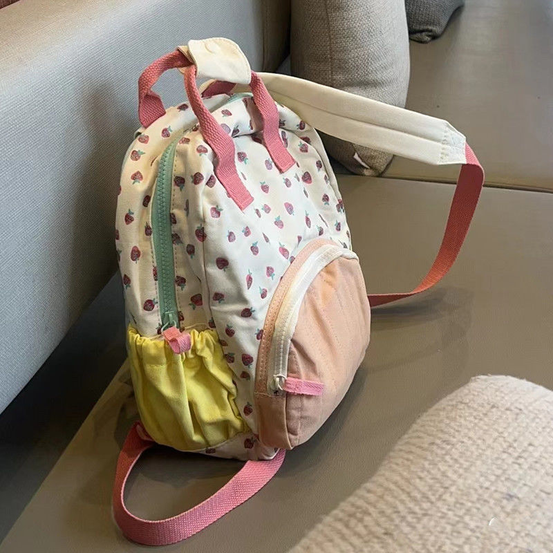 Xiaohongshu’s popular canvas strawberry backpack, girly heart dopamine color matching backpack, cute casual travel bag