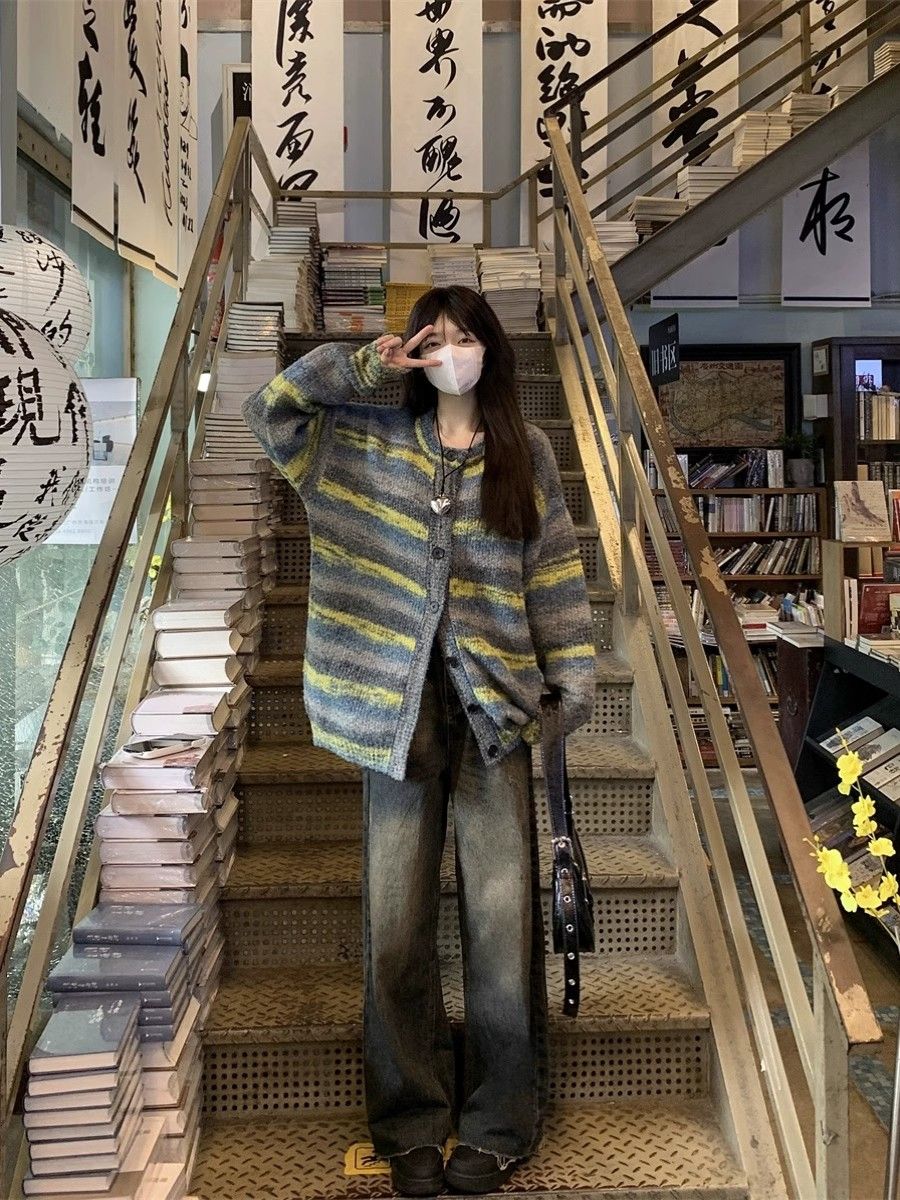 美式復古撞色漸變針織開衫毛衣女秋冬新款寬鬆慵懶風粗線外套上衣