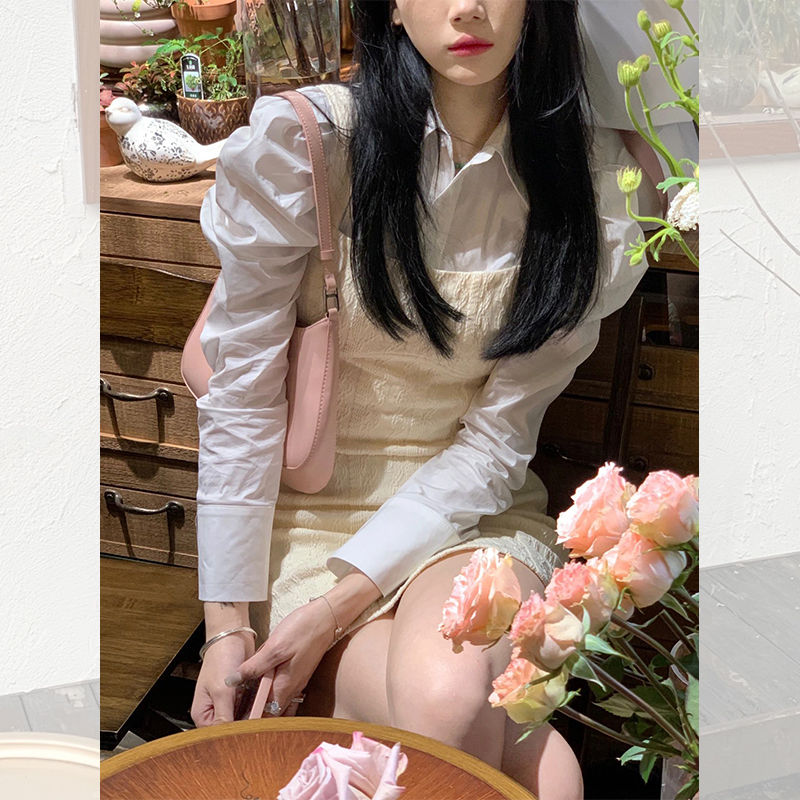 法式小香風吊帶襯衫連衣裙子女秋季高級感小個子收腰長袖兩件套裝