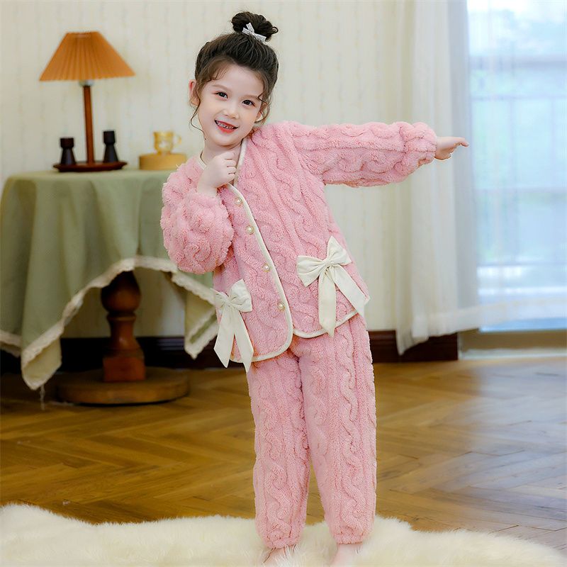 儿童法兰绒睡衣中大童冬季女童装珊瑚绒加厚款甜美套装女孩家居服