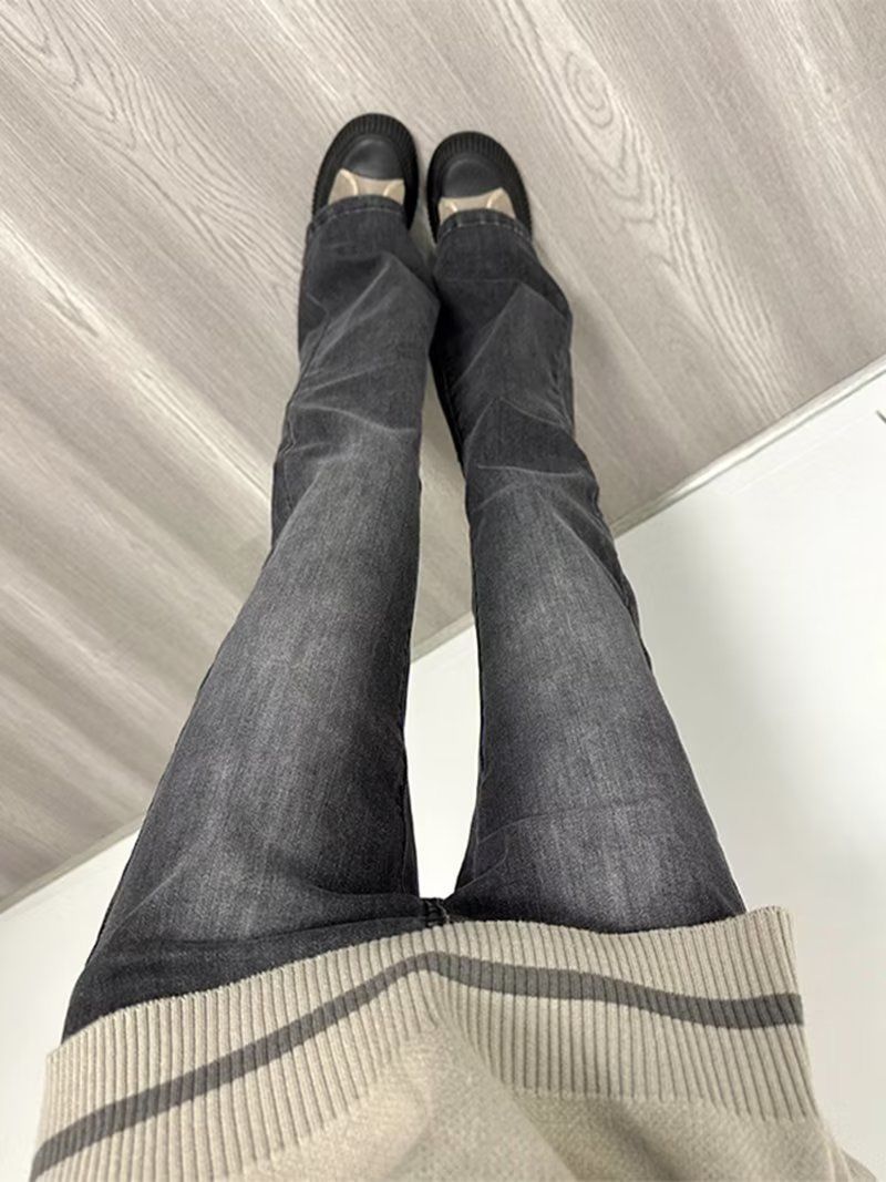 復古彈力微喇牛仔褲女秋大碼胖mm顯瘦高腰辣妹馬蹄小個子喇叭褲子
