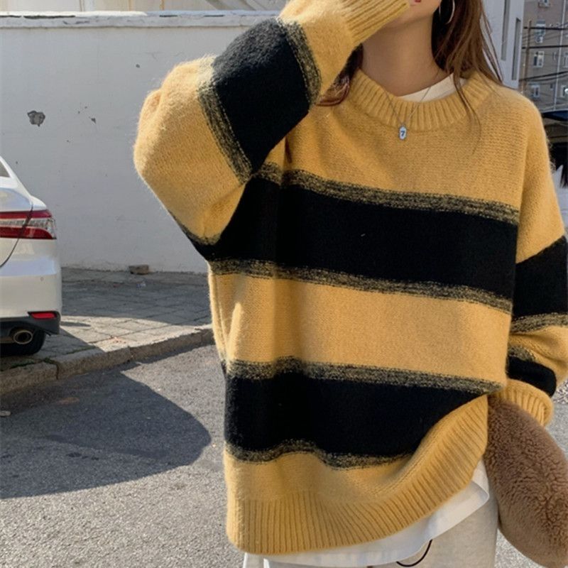 慵懶撞色條紋寬鬆長袖毛衣女秋冬新款韓系復古中長款套頭上衣女裝