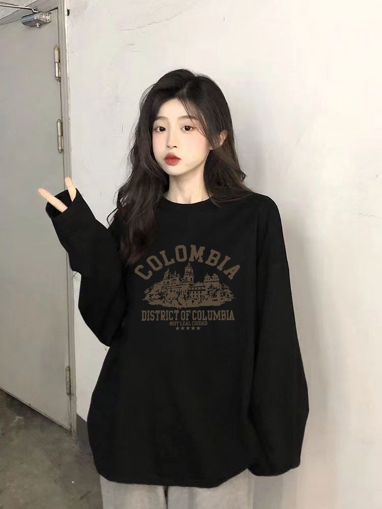 100%純棉長袖T恤女春秋內搭黑色打底衫韓版ins寬鬆百搭純色上衣潮