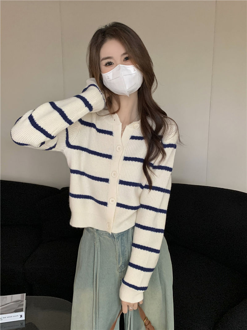 法式chic條紋長袖針織開衫女春秋冬寬鬆顯瘦短款氣質洋氣毛衣外套