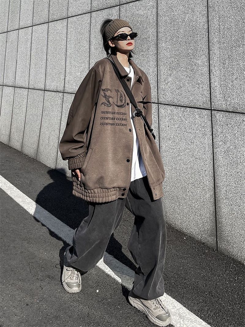 vintage棒球服男女2023新款設計感小眾oversize飛行員棕色外套ins