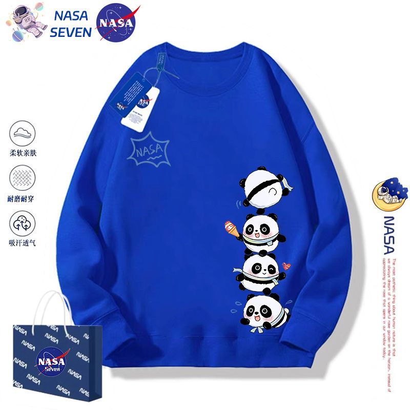 NASA国潮熊猫圆领卫衣男女童洋气秋冬季纯棉长袖上衣中大童亲子装