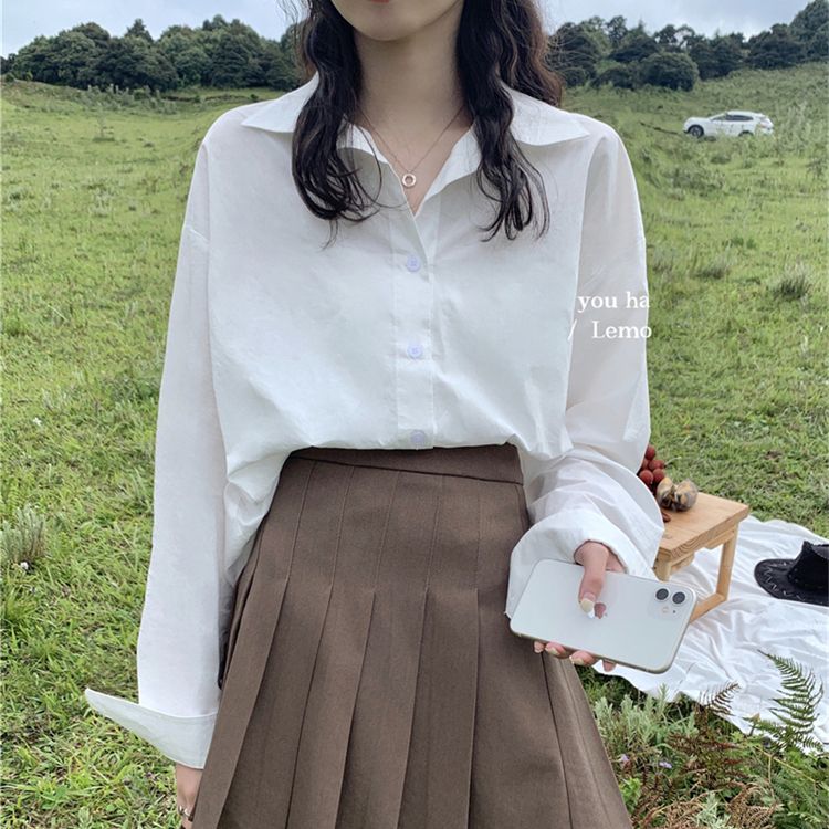 秋季女裝港風白色襯衫女長袖外穿寬鬆百搭韓版學生襯衣上衣洋氣