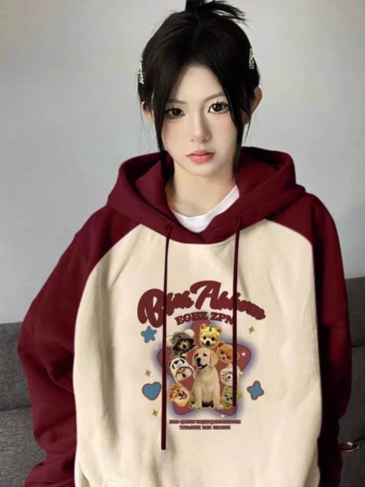 美式復古連帽衛衣女春秋裝新款oversize插肩撞色寬鬆長袖上衣外套