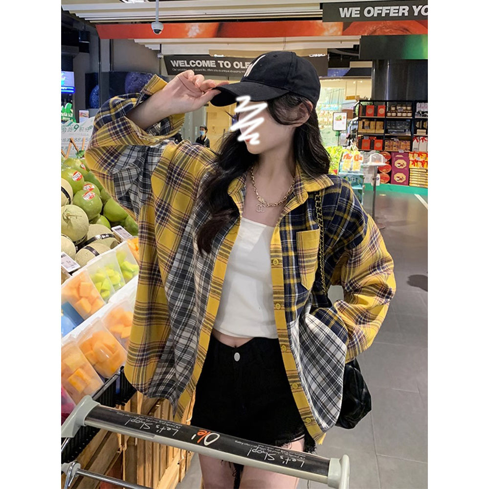 慵懶風格子拼接長袖襯衫外套女春秋季設計感小眾氣質寬鬆BF風上衣