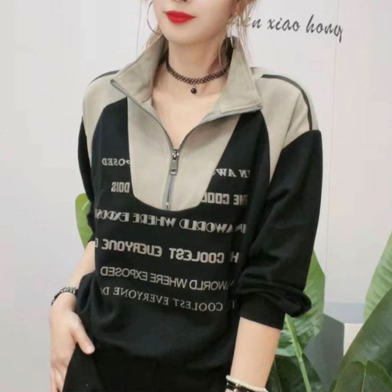 衛衣女2023春秋新款高檔半拉鏈字母印花韓版休閒百搭顯瘦上氣質衣