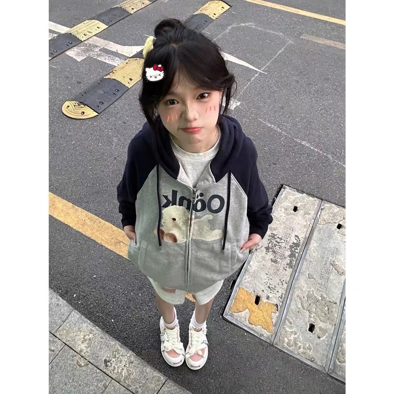 美式撞色插肩袖開衫連帽衛衣女小個子春秋款寬鬆潮牌高街情侶外套