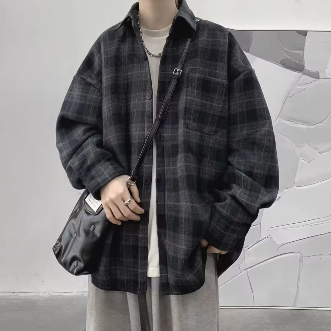 新款復古格子美式襯衫男春秋季潮流寬鬆長袖休閒外套原創外套男