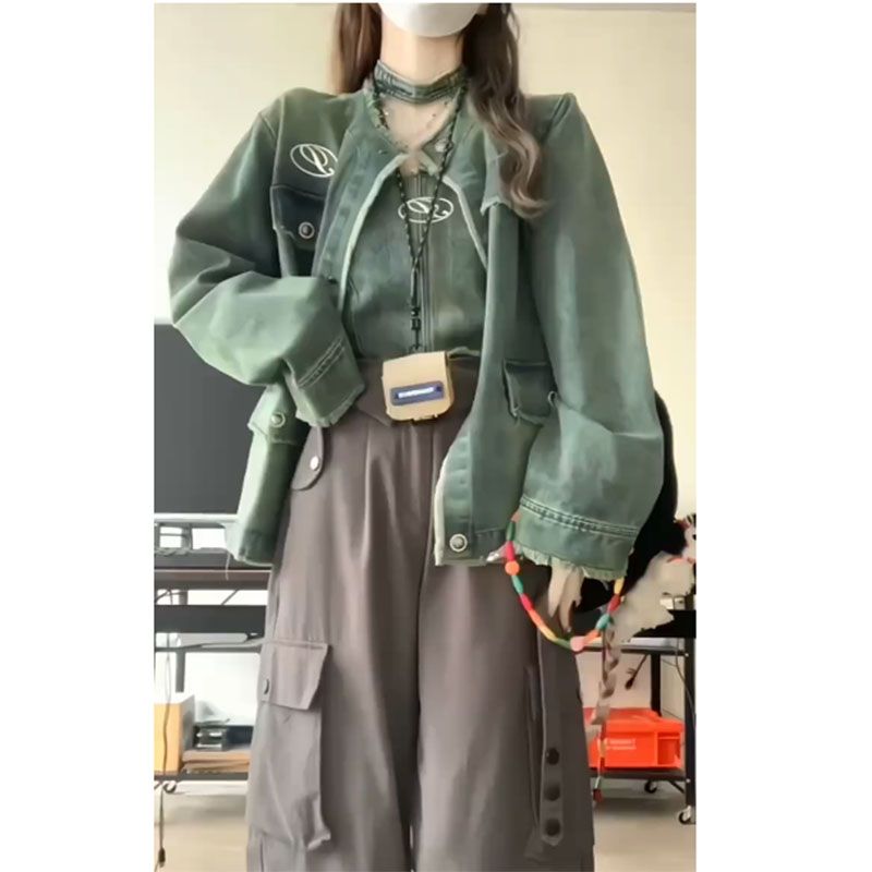 美式復古牛仔兩件套做舊毛邊顯瘦小香風外套女學生設計感背心上衣