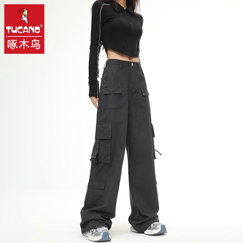 啄木鳥美式復古口袋設計感高街工裝褲女高腰顯瘦秋季闊腿休閒褲子