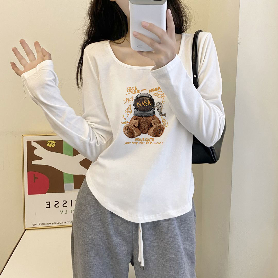 設計感小眾正肩不規則方領印花長袖T恤女秋辣妹短款高腰修身上衣