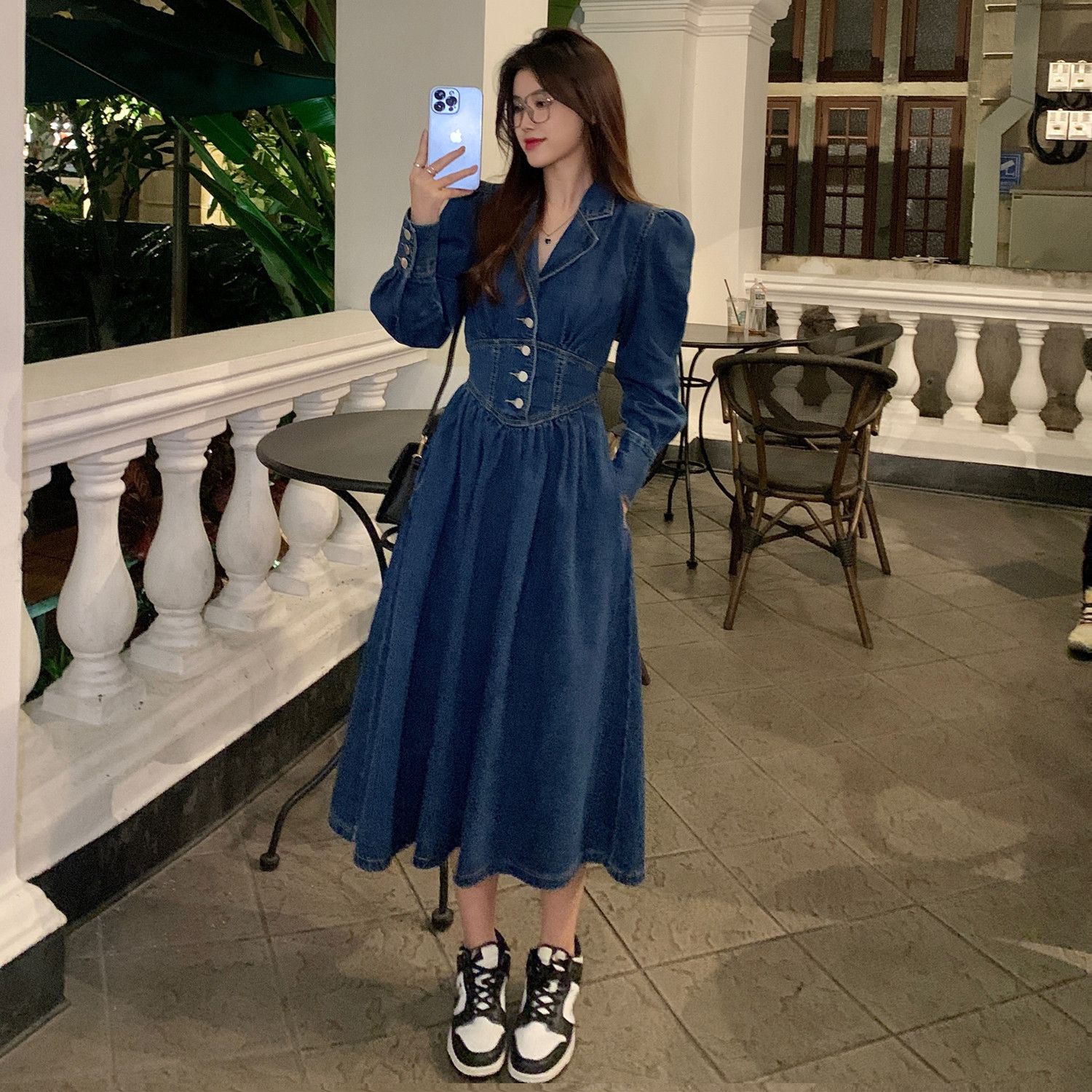 秋冬減齡氣質小香風牛仔連衣裙女胖mm大碼設計感收腰中長款連衣裙