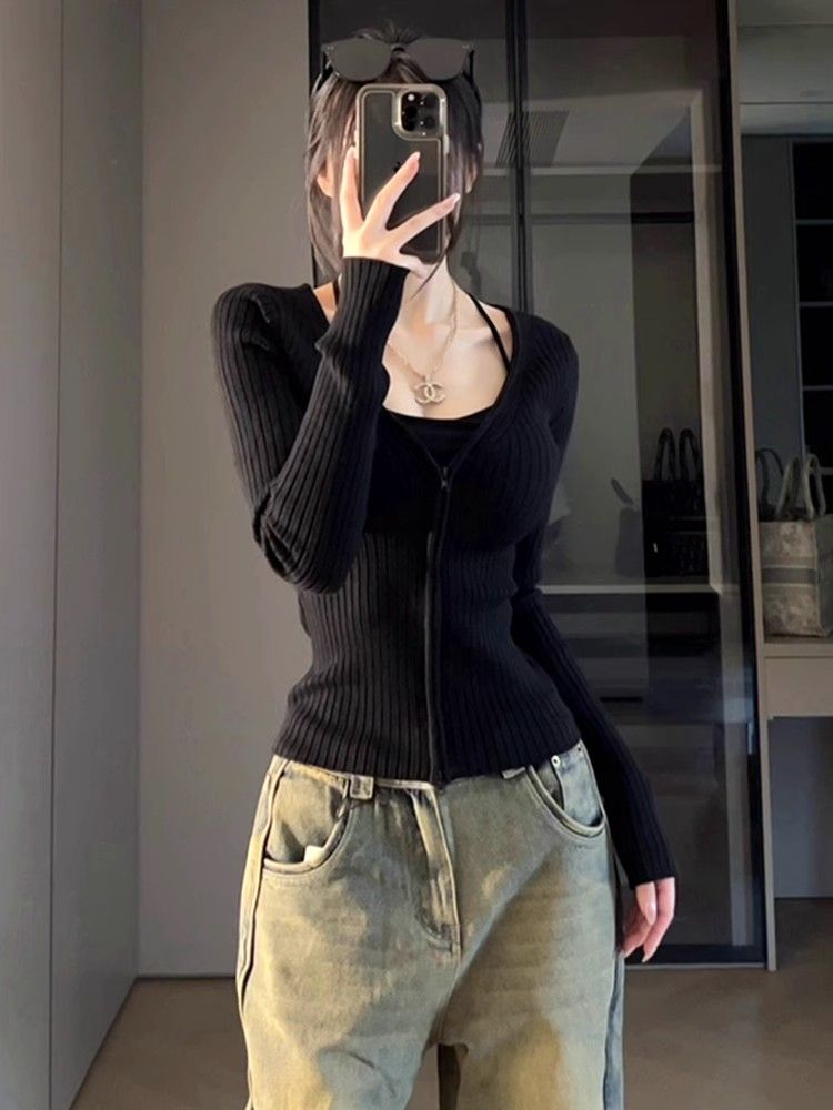 辣妹修身顯瘦V領長袖針織開衫女秋季新款設計感修身顯瘦毛衣上衣