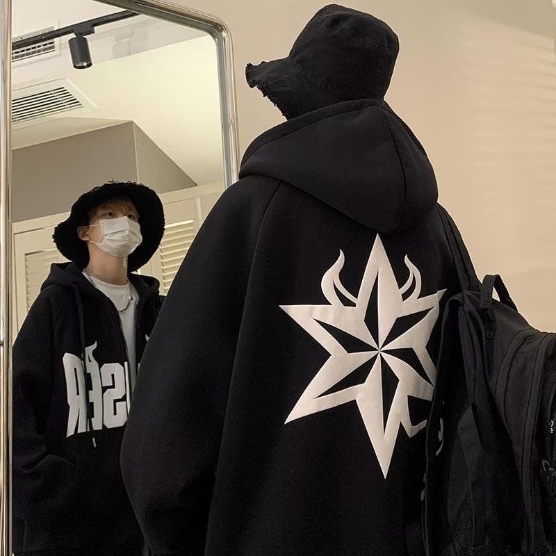 美式hiphop拉鏈開衫衛衣男春秋重磅高級感外套發泡連帽寬鬆衣服