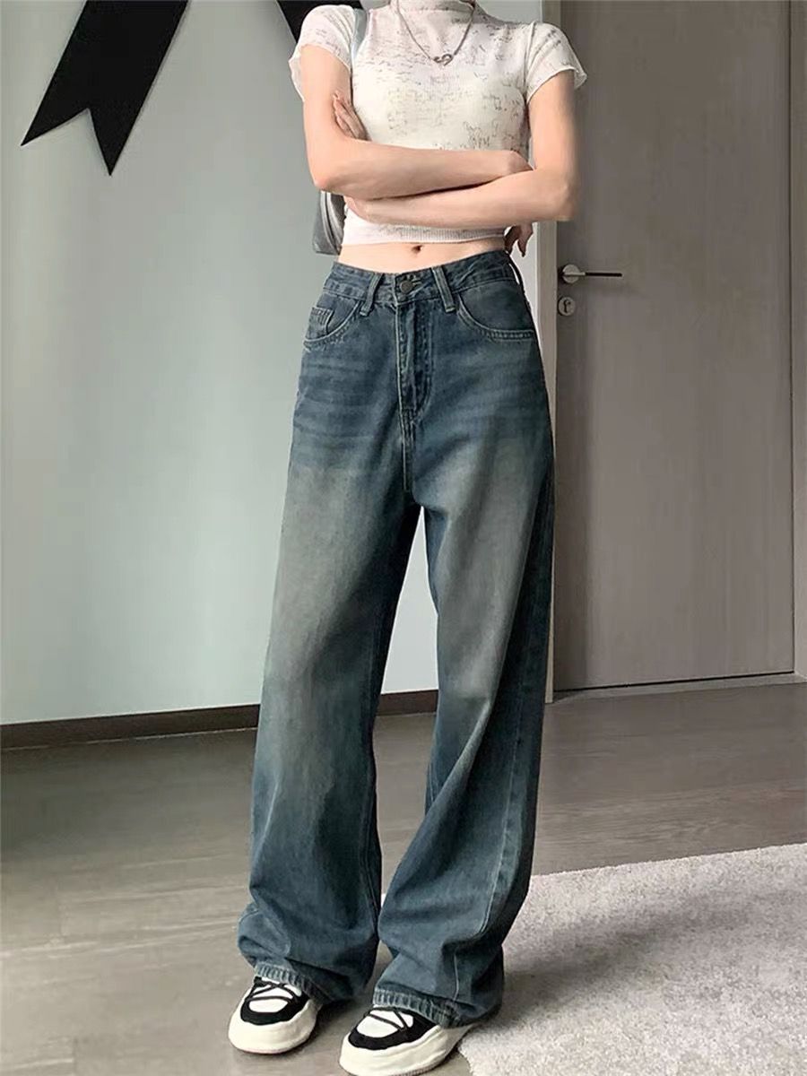 復古藍高腰闊腿牛仔褲女2023秋季小眾垂感寬鬆遮肉顯瘦直筒拖地褲